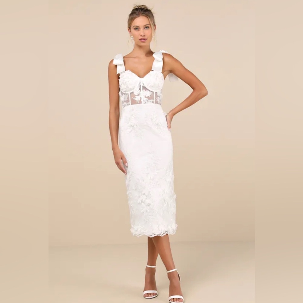 Charisma White 3D Floral Bustier Tie-Strap Midi Dress